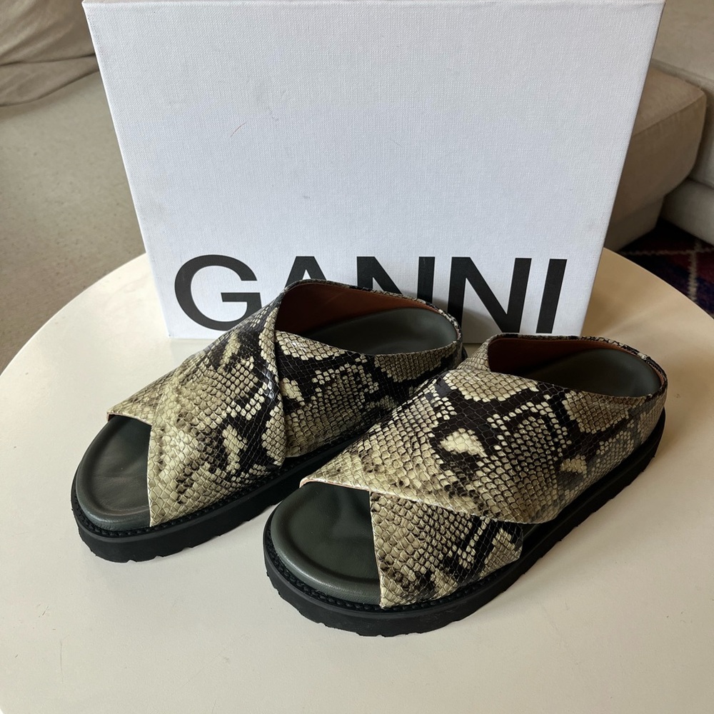 Ganni Snakeskin-Print Crossband Slide Sandals in Black and Beige